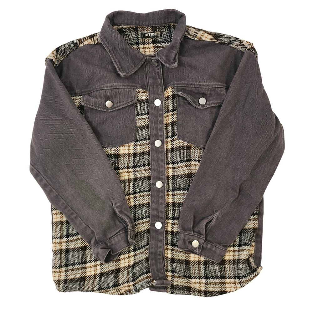 BTFBM Womens Plaid Mixed Media Denim Shacket Gray Tan Button‎ Down Jacket Size M